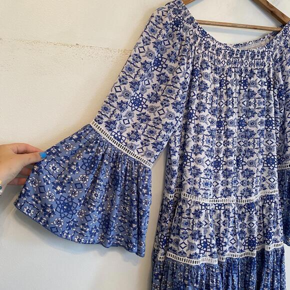 MISS JUNE Paris blue and white pattern off the shoulder mini dress sz L - Picture 3 of 6